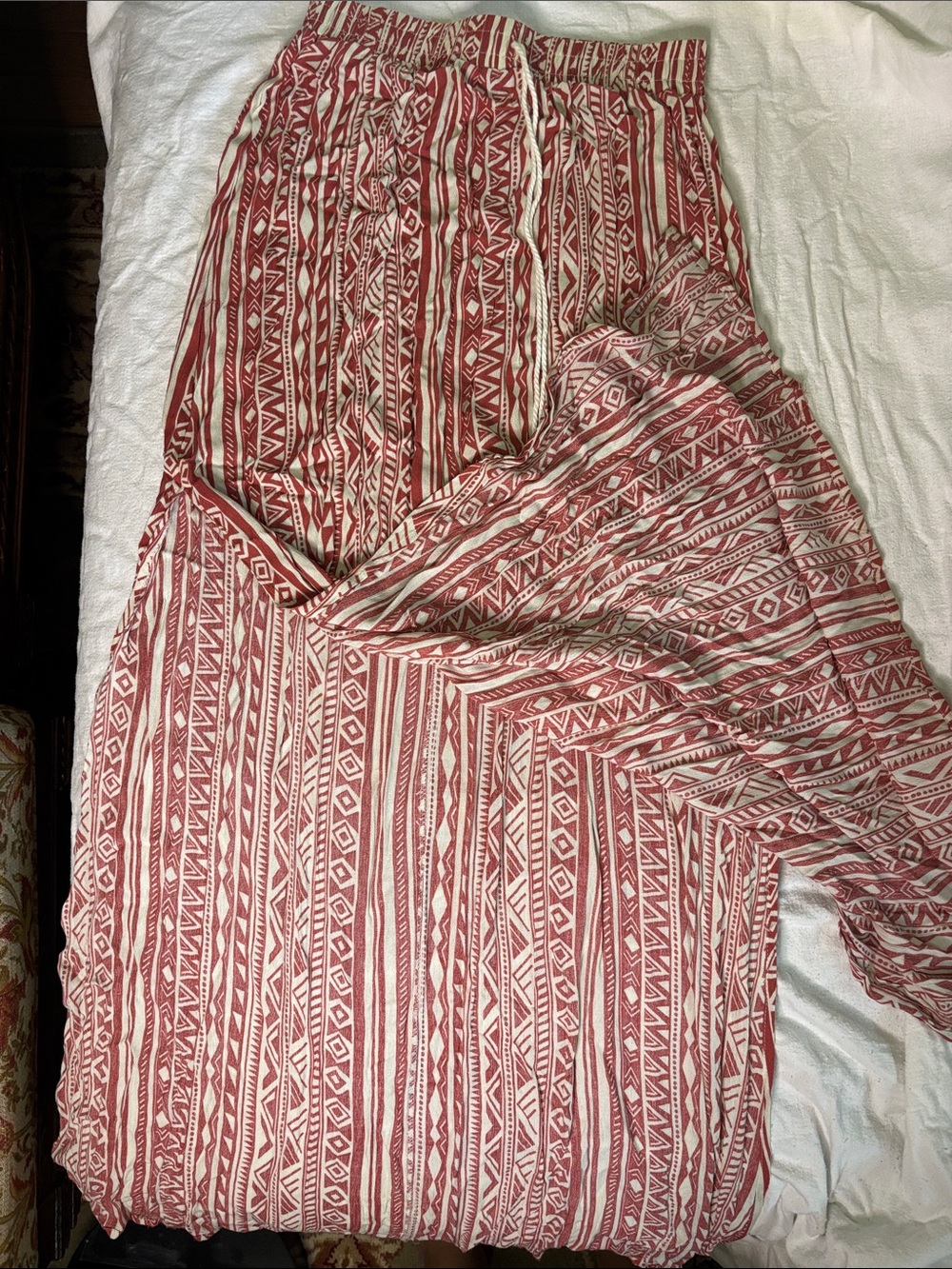 Red & White Aztec Print Maxi Skirt with two slits